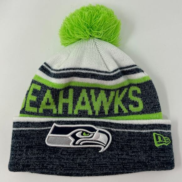 Seattle Seahawks Cuffed Pom Pom Beanie Toque Winter Hat NFL New Era Green - Picture 2 of 9